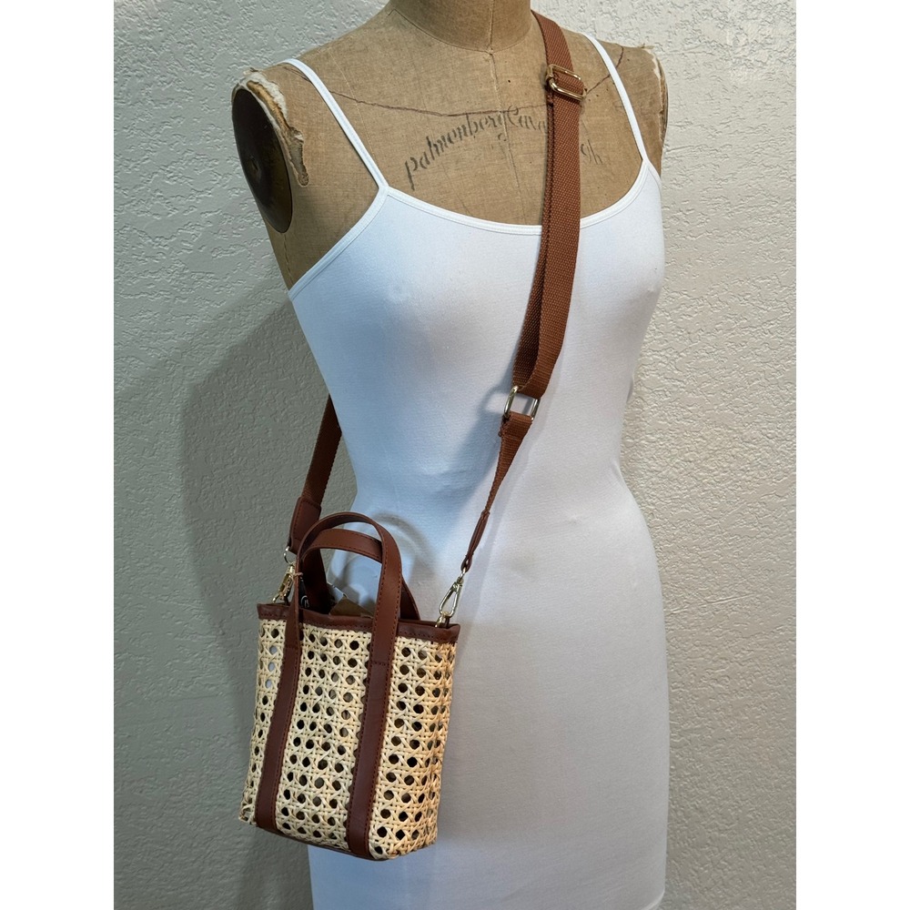 Live In Style Rattan Adjustable Crossbody Bag Brown Woven Mini Tote Handbag NWT